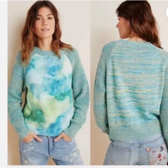 Anthropologie Giada Watercolor Tie Dye Green Turquoise Blue Cotton Sweater - Picture 2 of 7